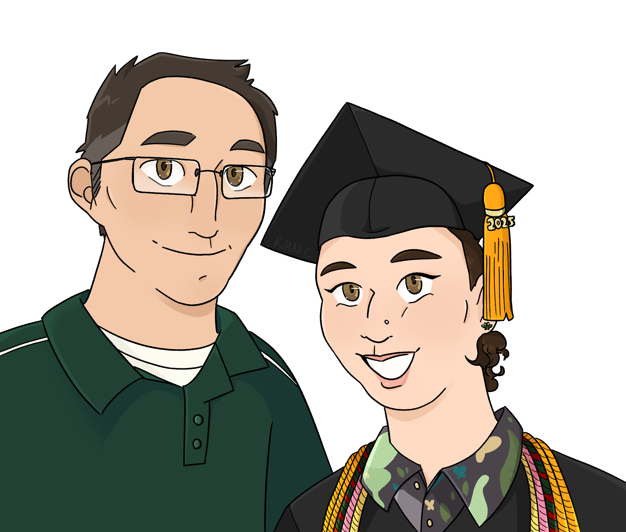 Original art by Rain Carman showing a proud parent with his recent college graduate