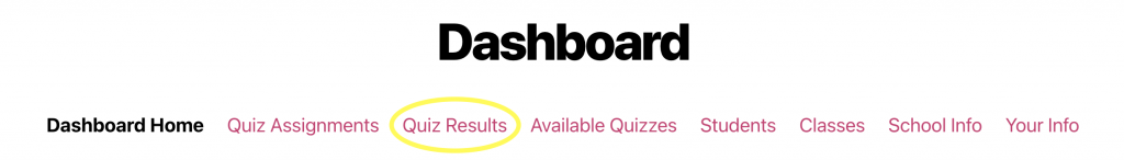 ChemQuiz.net Dashboard menu with "Quiz Results" circled