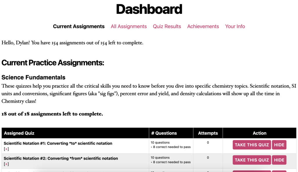 screenshot of ChemQuiz.net independent student account Dashboard