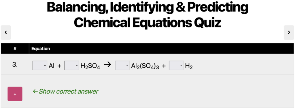 Screenshot from the Balancing, Identifying & Predicting Chemical Equations Quiz