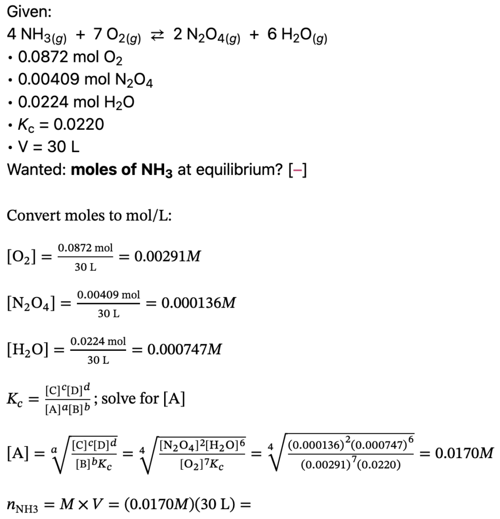 Chemical Equilibrium Quiz example problem setup