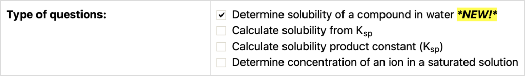 Screenshot of options for Solubility Quiz