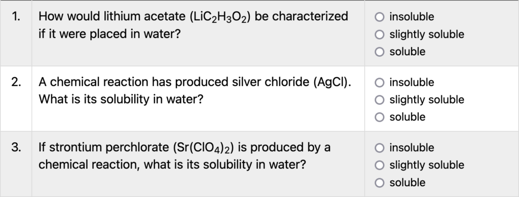 example questions from the Solubility Quiz
