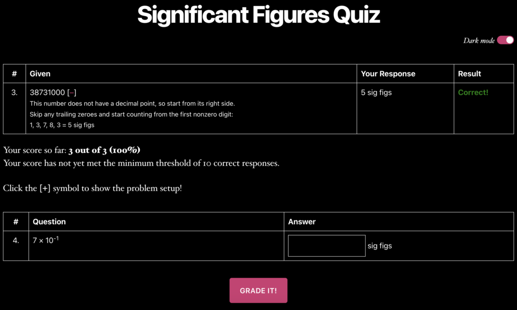 A screenshot of the Significant Figures Quiz demonstrating the new Continuous mode and dark mode features