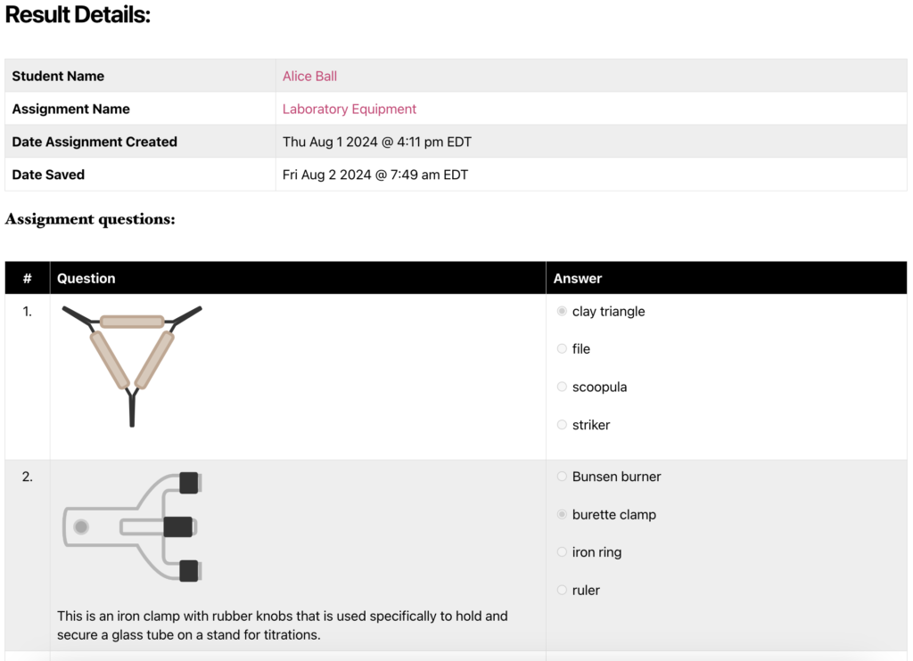 A screenshot from the Laboratory Equipment Quiz shows saved student progress in the ChemQuiz.net Dashboard