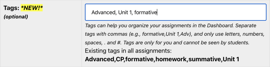 Screenshot from the ChemQuiz.net Dashboard shows the new tags features for organizing assignments