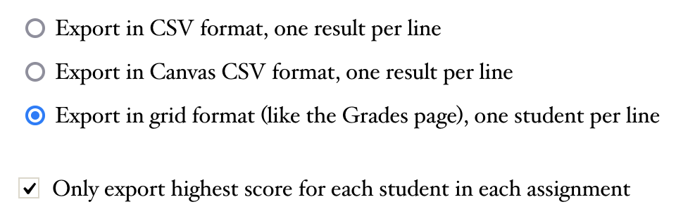 a screenshot showing the new "export student results as grid" option in the ChemQuiz.net Dashboard