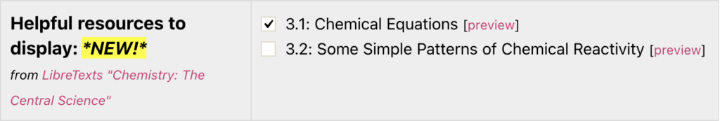 a screenshot showing the new "Helpful resources" option for assignments in the ChemQuiz.net Dashboard