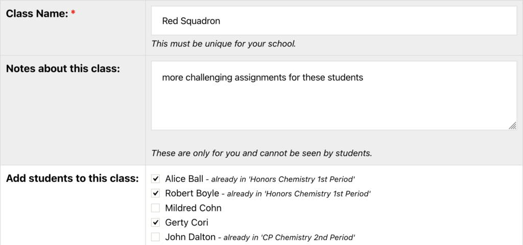 a screenshot showing how to add students to additional "classes" for differentiation