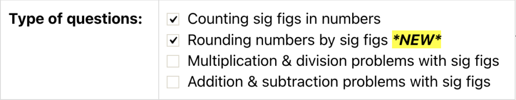 screenshot of new "rounding" option in the Significant Figures Quiz