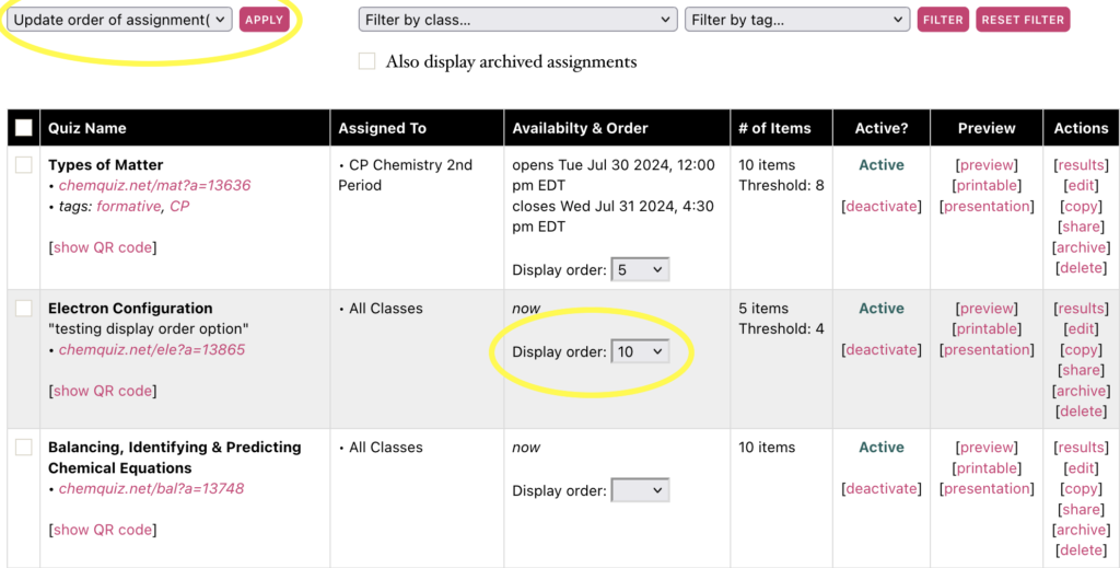 screenshot of the Assignments page on the ChemQuiz.net Dashboard showing the dropdown menus to change assignment order