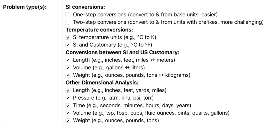 Screenshot showing new dimensional analysis problems on the SI Conversions & Dimensional Analysis Quiz