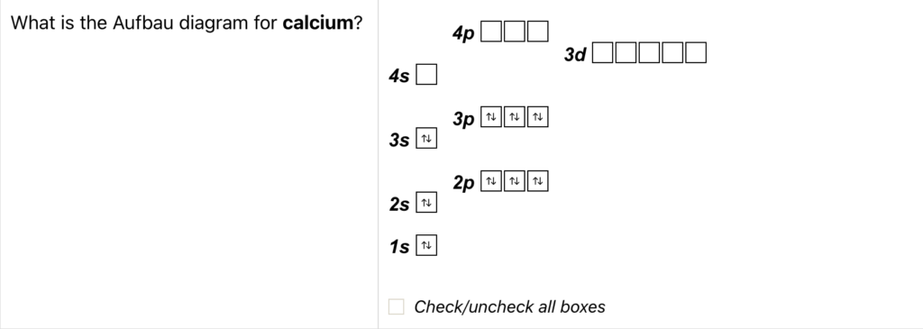 A screenshot from the Electron Configurations Quiz on ChemQuiz.net shows an Aufbau diagram example question