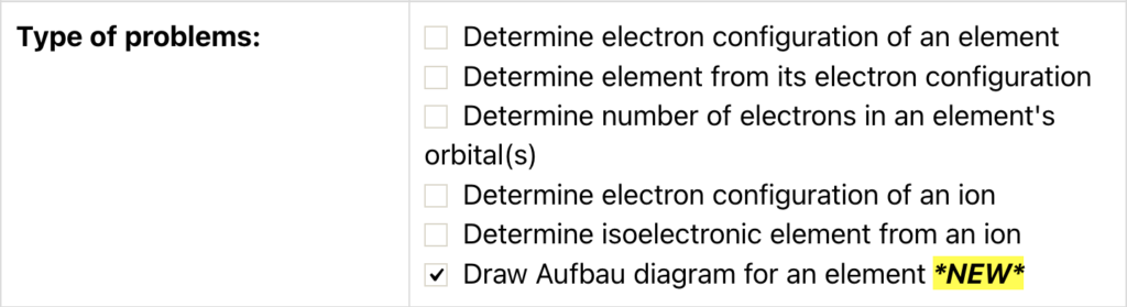 A screenshot from the Electron Configurations Quiz on ChemQuiz.net shows the new Aufbau diagrams question option