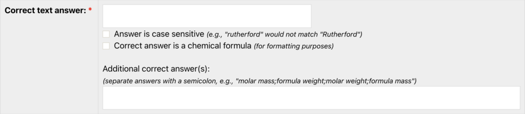 A screenshot from ChemQuiz.net showing the Fill-in-the-blank (text) question type in the new Question Banks feature