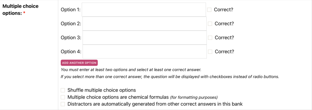 A screenshot from ChemQuiz.net showing the Multiple choice question type in the new Question Banks feature