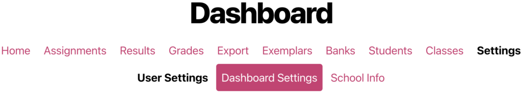 A screenshot of the ChemQuiz.net Dashboard showing the location of the Dashboard Settings submenu