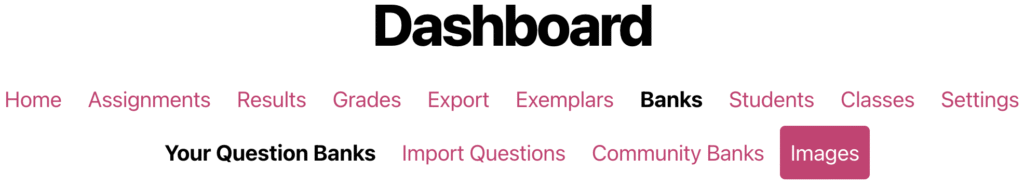 A screenshot from the ChemQuiz.net Dashboard shows the top menu with the Images submenu highlighted