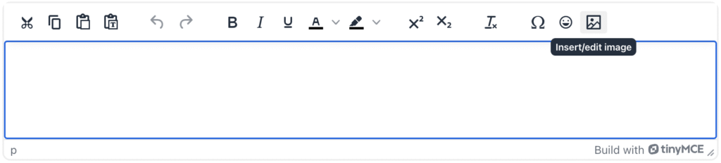 A screenshot shows the TinyMCE editing box with the Insert/edit Image button highlighted
