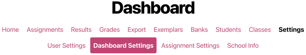 A screenshot of the Dashboard Settings submenu in the ChemQuiz.net Dashboard