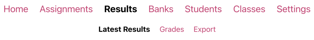 A screenshot from the ChemQuiz.net Dashboard shows the reorganized Results submenu items