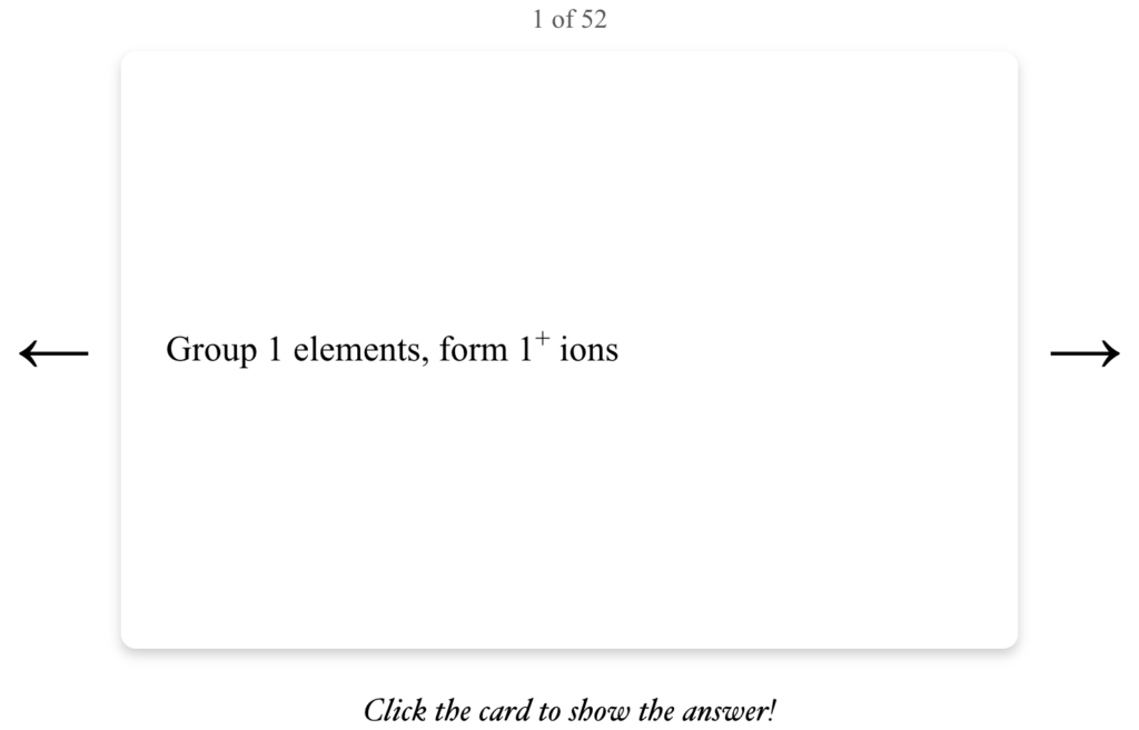 A screenshot from ChemQuiz.net shows an example of the new Flashcards feature that reads "Group 1 elements, form 1+ ions"
