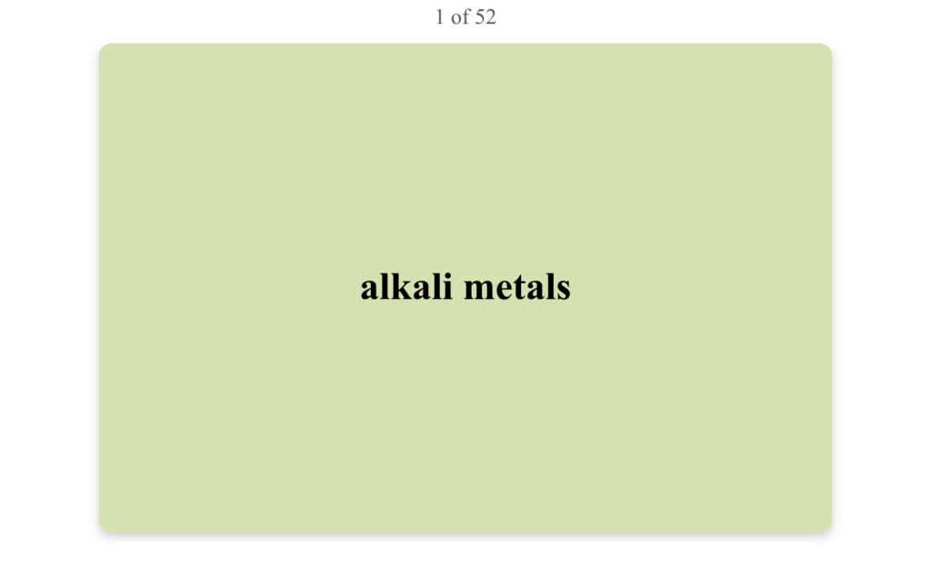 A screenshot from ChemQuiz.net shows an example of the new Flashcards feature with a light green background that reads "alkali metals"