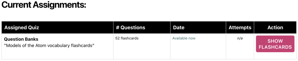 A screenshot from ChemQuiz.net Dashboard shows a Flashcard assignment for a student