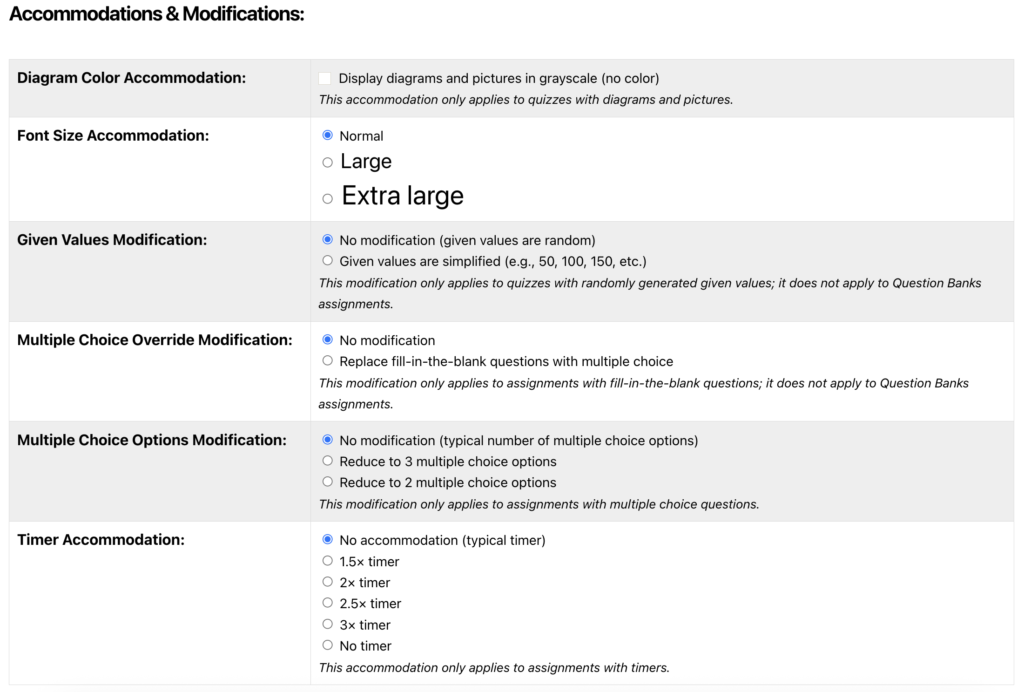 A screenshot from the ChemQuiz.net Dashboard shows the new Accommodations & Modifications feature that allows teachers to alter assignments for students with special needs