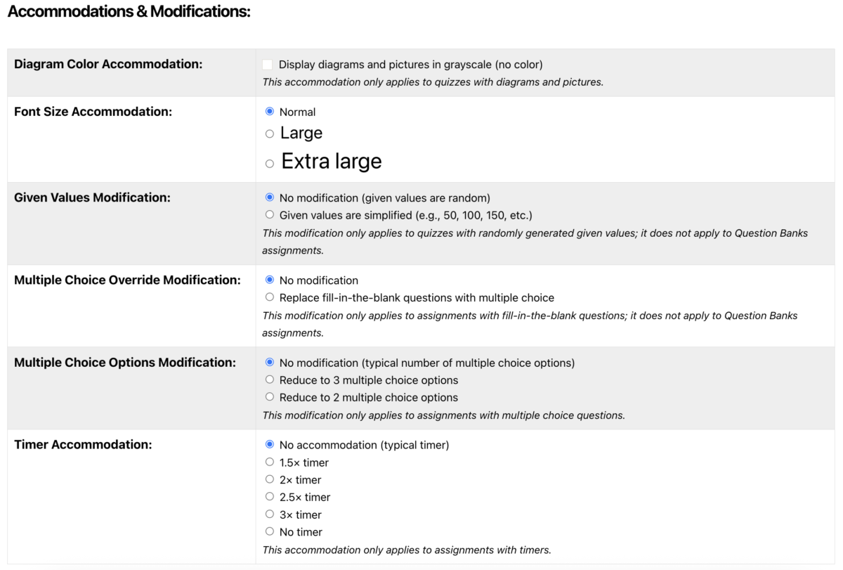 A screenshot from the ChemQuiz.net Dashboard shows the new Accommodations & Modifications feature that allows teachers to alter assignments for students with special needs