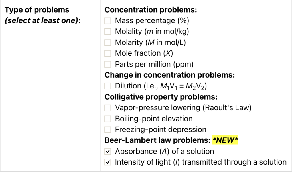 A screenshot from the Concentrations & Colligative Properties of Solutions Quiz on ChemQuiz.net shows the "Type of problems" options for the quiz, which includes "Beer-Lambert law problems:" at the bottom with two options selected, "Absorbance (A) of a solution" and "Intensity of light (I) transmitted through a solution"