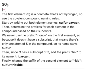 A screenshot from the ChemQuiz.net Dashboard shows an answer explanation from the Naming Compounds & Calculating Molar Masses Quiz for that reads: "SO3 The first element (S) is a nonmetal that's not hydrogen, so use the covalent compound naming rules. Start by writing out both element names: sulfur oxygen. Then, determine the prefixes for each element in the compound based on their subcripts. We never use the prefix "mono-" on the first element, so because it doesn't have a subscript, that means there's only one atom of S in the compound, so its name stays sulfur. Then, since O has a subscript of 3, add the prefix "tri-" to its name: trioxygen. Finally, change the suffix of the second element to "-ide": sulfur trioxide."