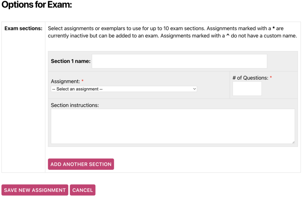 A screenshot from the ChemQuiz.net Dashboard shows the "Options for Exam" section on the "Create New Assignment" page