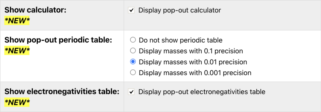 A screenshot from the ChemQuiz.net Dashboard shows settings options for the pop-out calculator, pop-out periodic table, and pop-out electronegativities table
