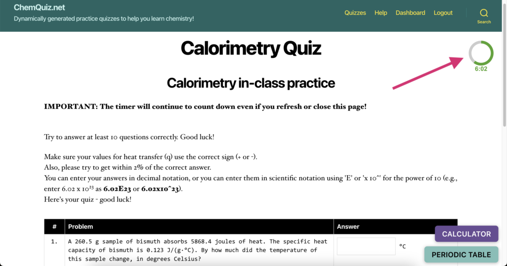 A screenshot from the Calorimetry Quiz on ChemQuiz.net shows the new timer feature as a partially colored green ring in the upper right corner, with the time "6:02" displayed below the ring and a pink arrow pointing at the ring