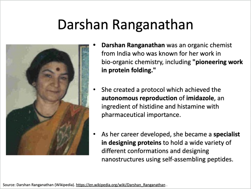 A screenshot of a slide from the "Women in Chemistry" slide deck is titled "Darshan Ranganathan" and reads: Darshan Ranganathan was an organic chemist from India who was known for her work in bio-organic chemistry, including "pioneering work in protein folding." She created a protocol which achieved the autonomous reproduction of imidazole, an ingredient of histidine and histamine with pharmaceutical importance. As her career developed, she became a specialist in designing proteins to hold a wide variety of different conformations and designing nanostructures using self-assembling peptides.