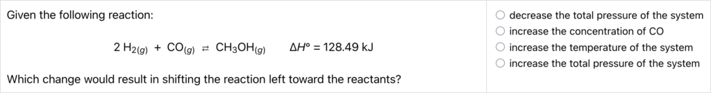 A screenshot from the Chemical Equilibrium Quiz on ChemQuiz.net shows an example Le Chatelier's Principle problem that reads: "Given the following reaction: 2 H2(g) + CO(g) CH3OH(g) ∆H° = 128.49 kJ Which change would result in shifting the reaction left toward the reactants?" and shows four multiple choice options: decrease the total pressure of the system, increase the concentration of CO, increase the temperature of the system, increase the total pressure of the system