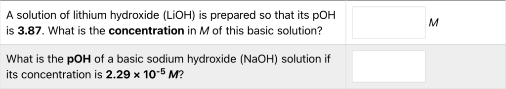A screenshot from the Chemical Equilibrium Quiz on ChemQuiz.net shows two example pOH calculation problem that read: "A solution of lithium hydroxide (LiOH) is prepared so that its pOH is 3.87. What is the concentration in M of this basic solution?" and "What is the pOH of a basic sodium hydroxide (NaOH) solution if its concentration is 2.29 × 10^-5 M?"