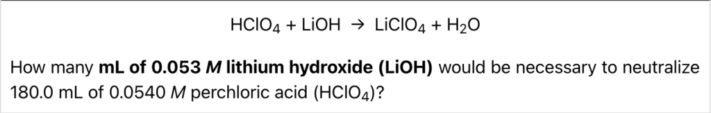 A screenshot from the Acid-Base Neutralization Quiz on ChemQuiz.net shows a question with a balanced chemical equation between perchloric acid and lithium hydroxide that reads: "How many mL of 0.053 M lithium hydroxide (LiOH) would be necessary to neutralize 180.0 mL of 0.0540 M perchloric acid (HClO)?"