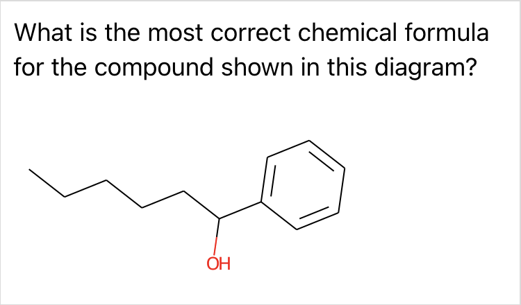 A screenshot from the Organic Nomenclature Quiz on ChemQuiz.net shows a diagram of an organic compound with the question prompt, "What is the most correct chemical formula for the compound shown in this diagram?".